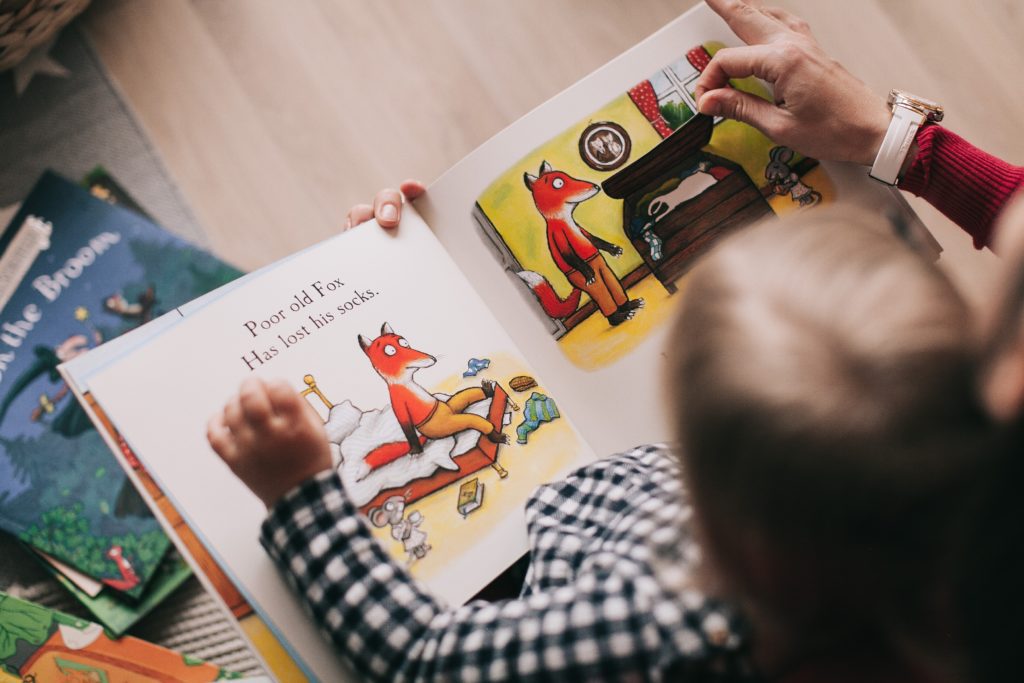 A little boy reads a children's book