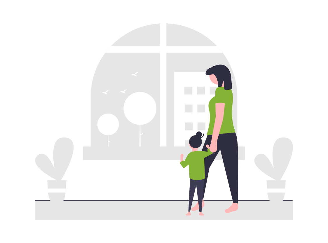 Illustration of a woman holding hands with a child and looking out the window